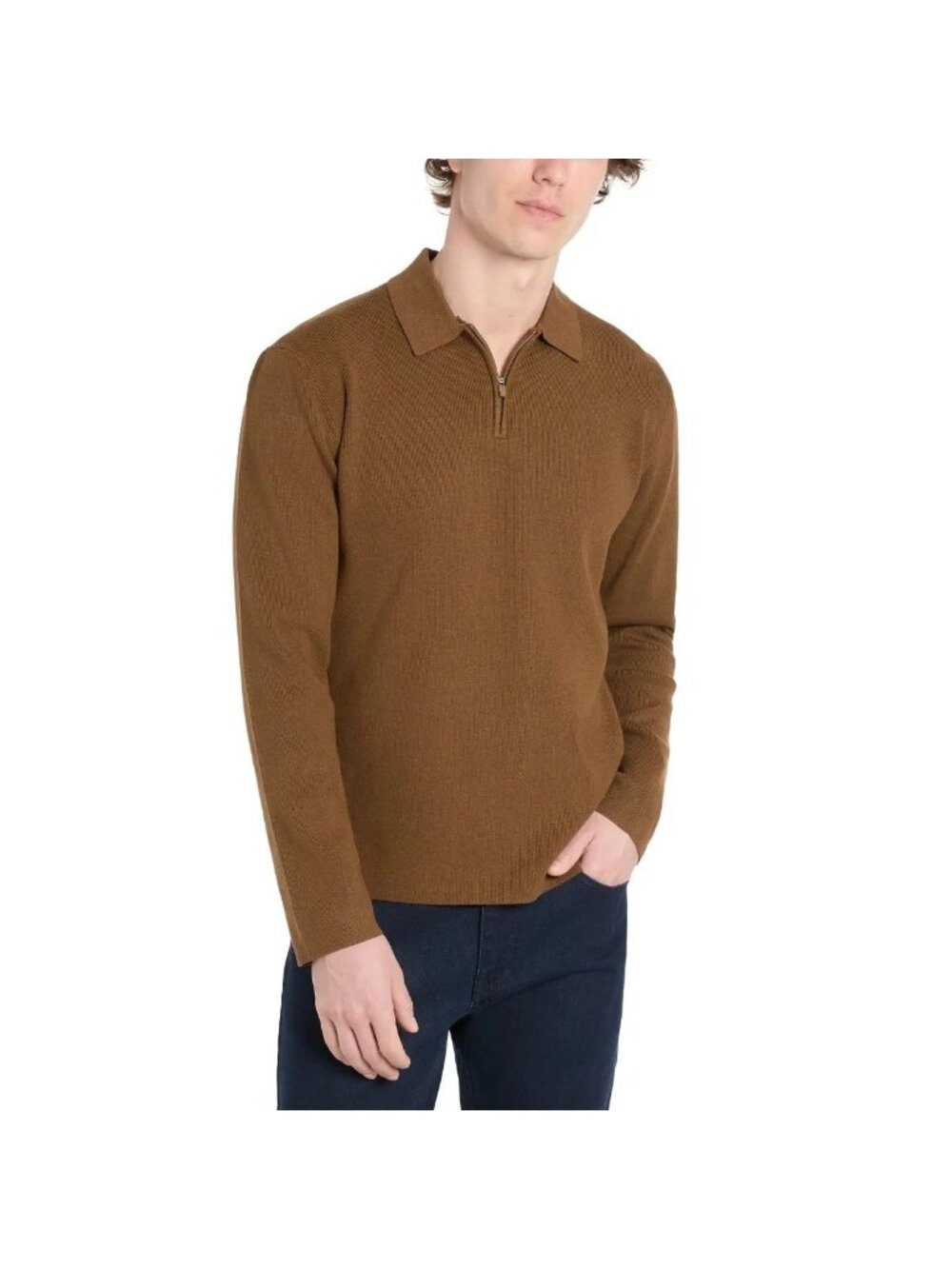 Hickey Freeman Men's XL Brown Sweater Polo Long Sleeve 88% Rayon N1354